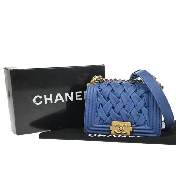 CHANEL CC Logo Chateau Boy Chain Mini Shoulder Bag Leather Blue GHW 332RL330 - Picture 1 of 14
